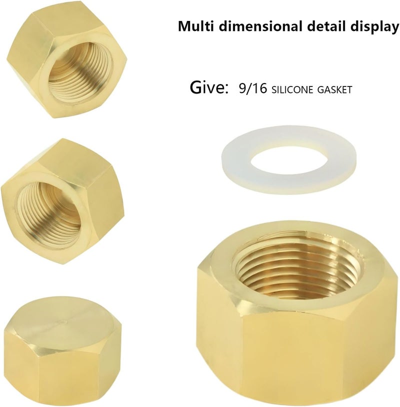 AimatRun 9/16" Female Threaded Plug End Cover, Brass Hex Socket End Cover Fitting, Blanked Stop Nut Cover, Globe Valve Cover. For angle valves, kitchen faucets, RV water pipe joints. 2 pieces. - Image 2